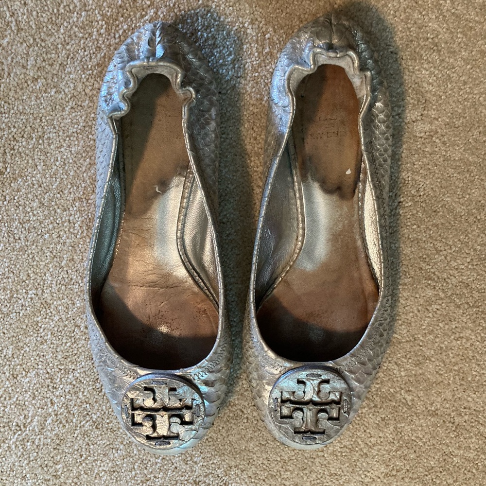 Tory Burch silver snake print flats